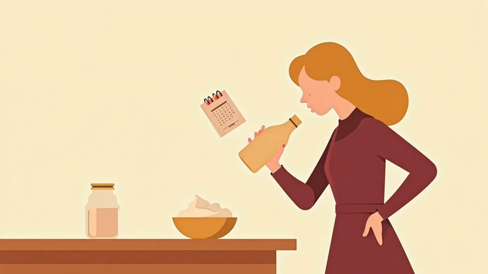 Someone leaning in to sniff an open bottle of milk, a loose calendar page floating beside them and a yogurt jar on the counter