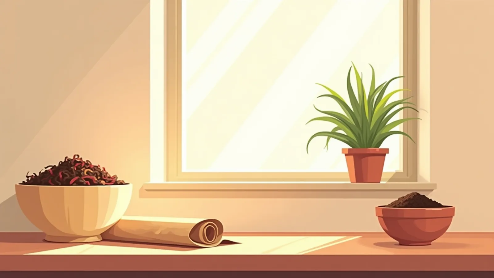 An apartment kitchen counter by a window with a bowl of vegetable peels and coffee grounds, a rolled freezer bag beside it and a potted plant on the sill