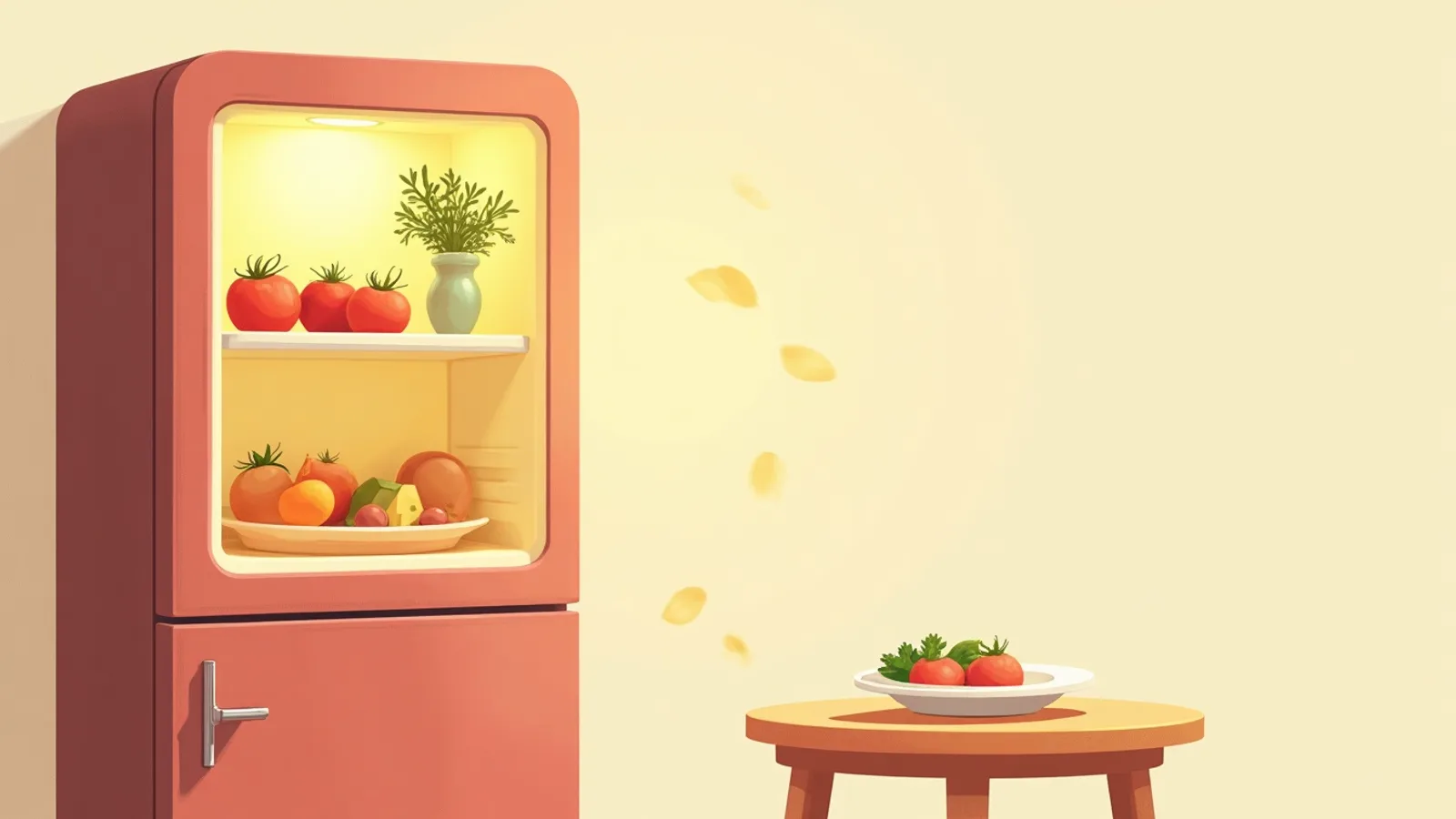 An open fridge glowing warmly from inside, with tomatoes, eggs, herbs and a wedge of cheese drifting out of it toward an empty plate