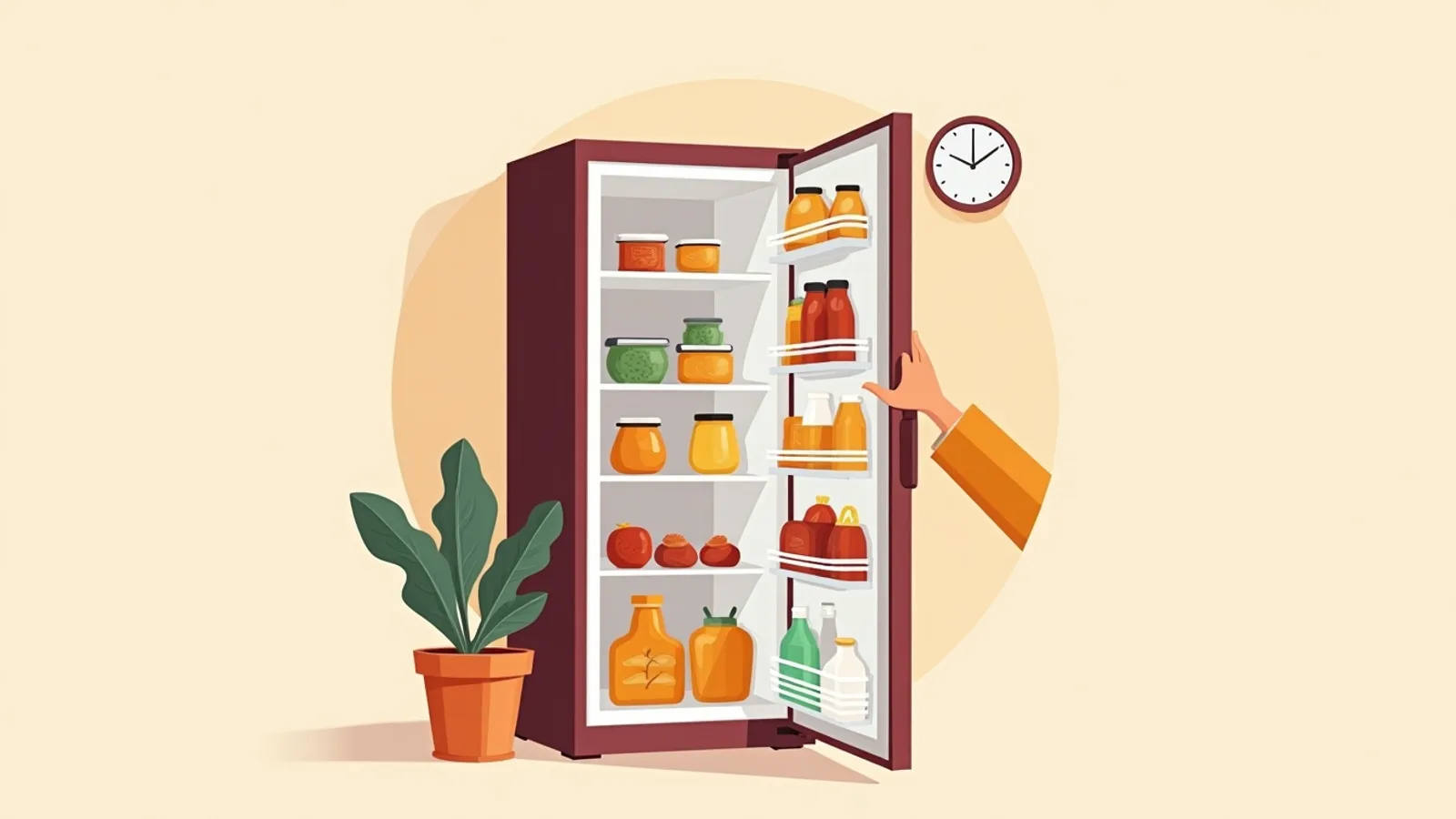 An open fridge with food arranged in one tidy front row per shelf, a hand moving a jar to the front, and a small round clock on the wall beside it