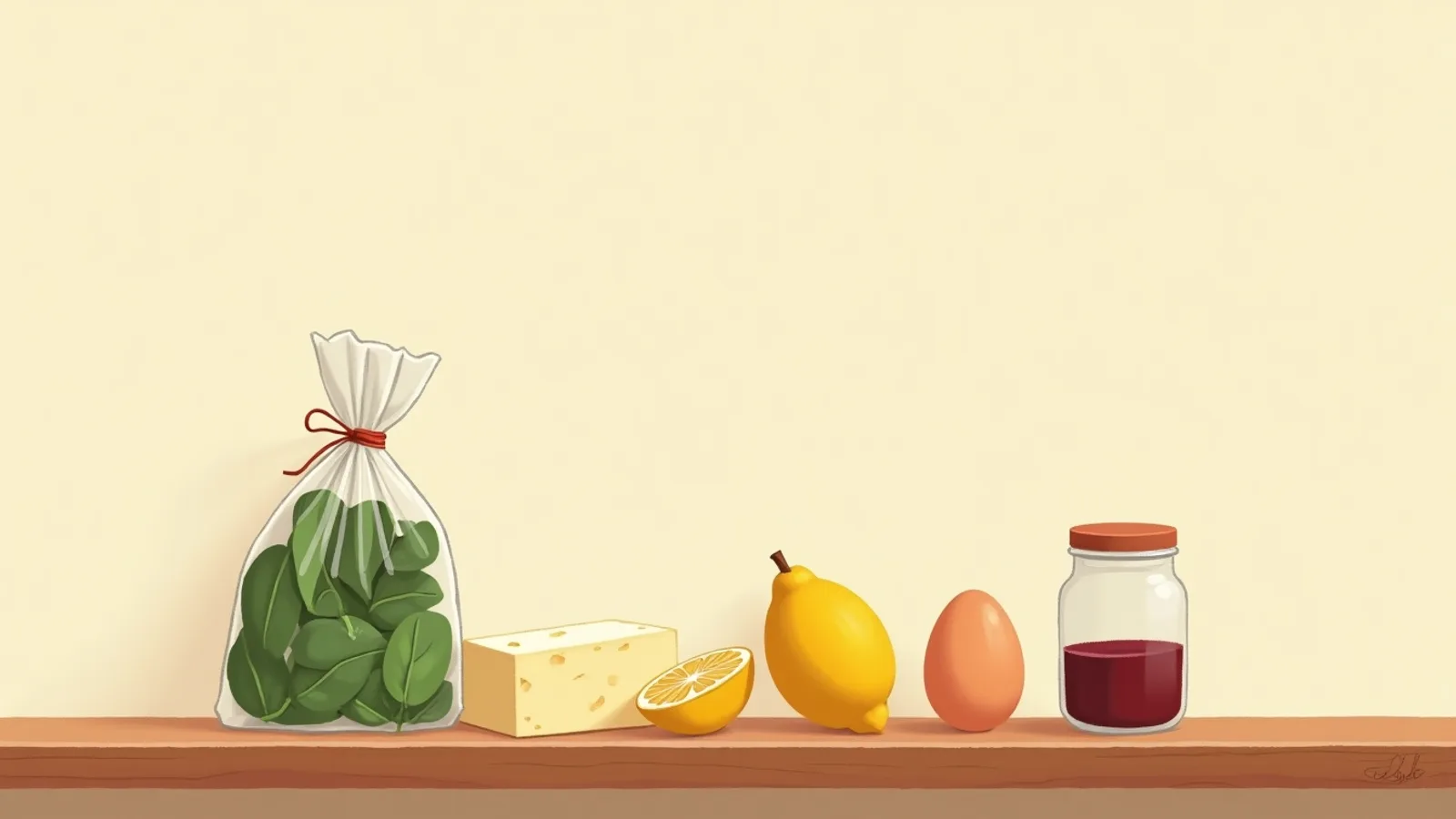 Five ingredients lined up on a wooden kitchen shelf: a block of white cheese, a bag of spinach, three eggs, half a lemon and a small glass jar