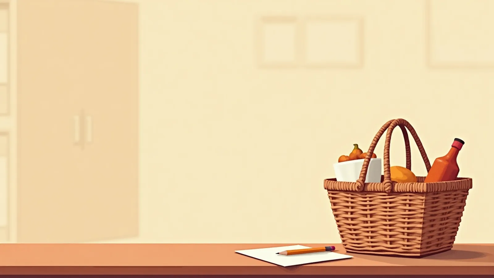 A kitchen table seen from above with an open cupboard behind it, a woven shopping basket holding three items, and a pencil resting on a blank note