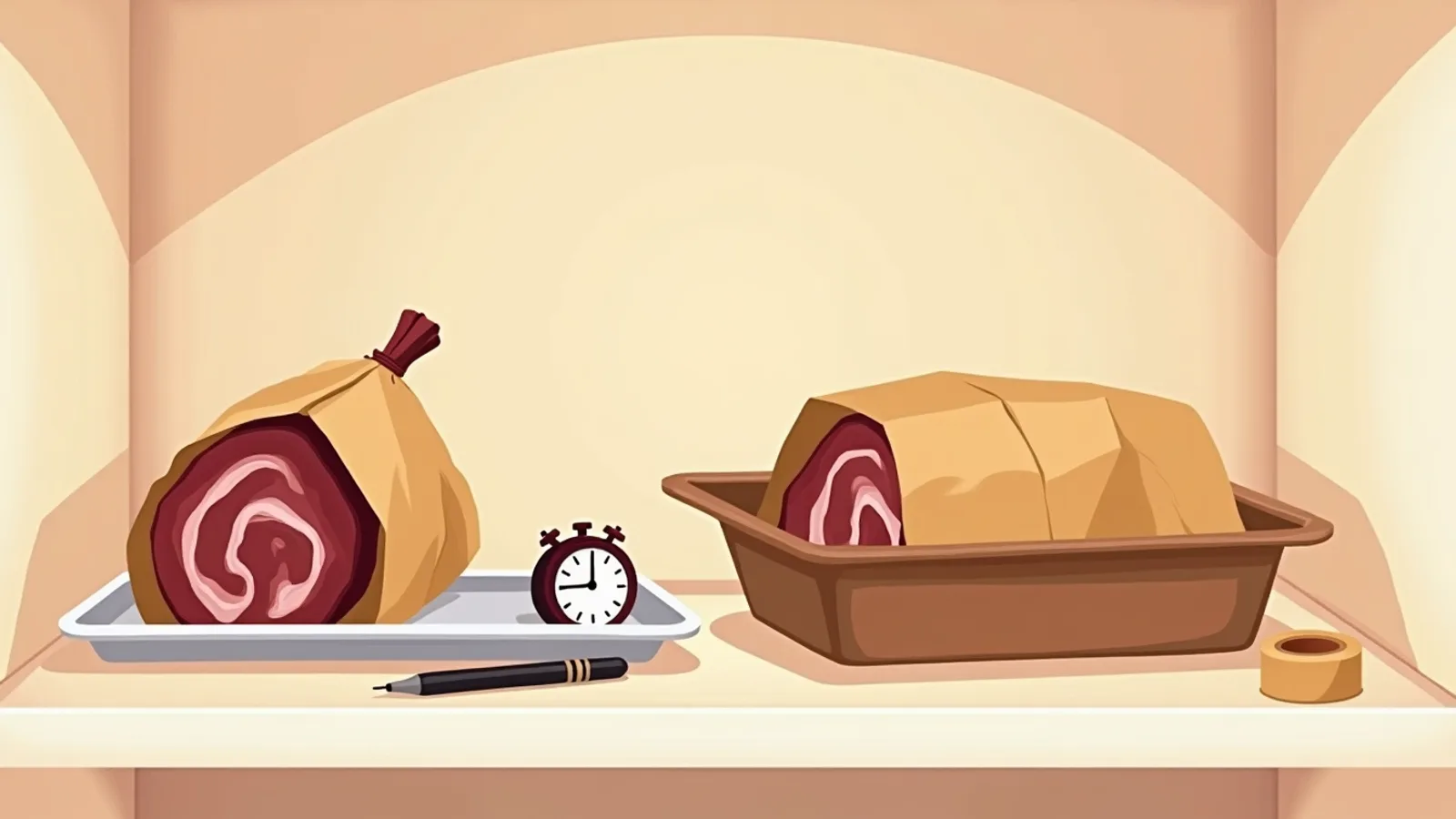 The lowest shelf of a fridge: two paper-wrapped parcels of meat on a tray and in a dish, with a small round clock, a roll of tape and a pen beside them
