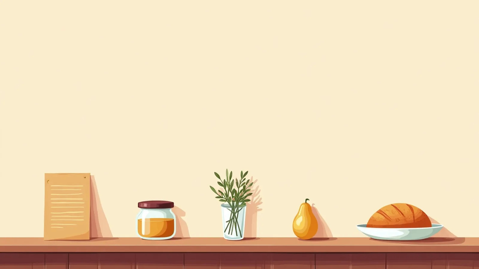Five things laid out in a row along a kitchen counter like a diagram: a paper list, a jar, herbs standing in a glass of water, a pear, and a loaf on a plate