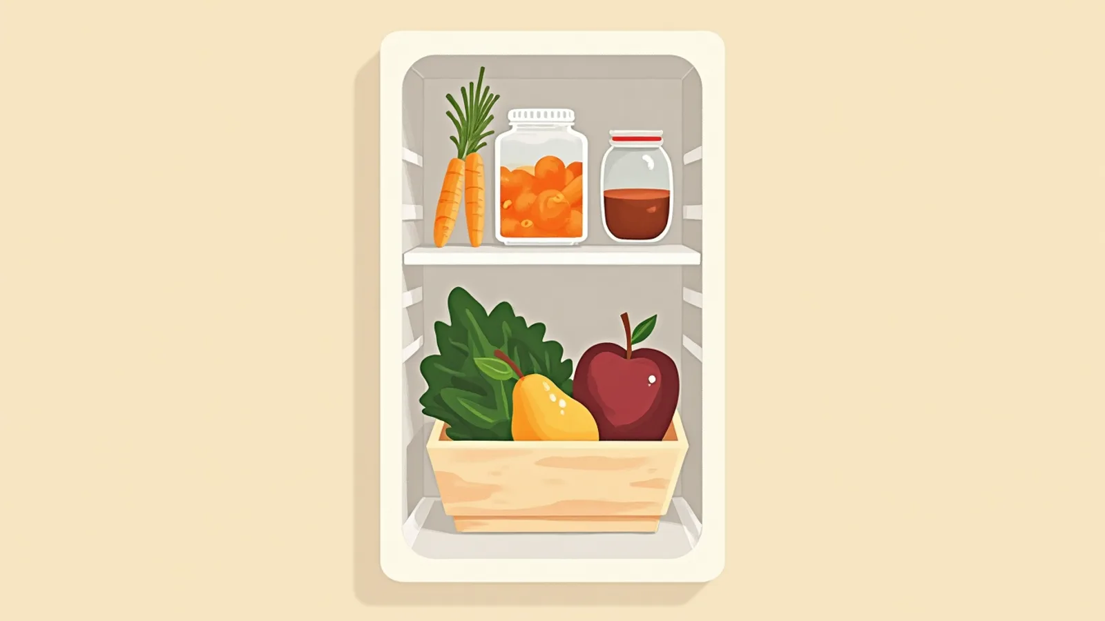 A small fridge seen straight on: carrots and jars on the upper shelf, leafy greens with a pear and an apple in the crisper drawer below