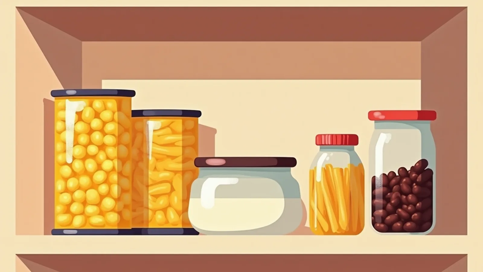 A cupboard shelf lit from the front: tall tins of sweetcorn standing at the left, jars of pasta and beans further along, the back of the shelf in shadow
