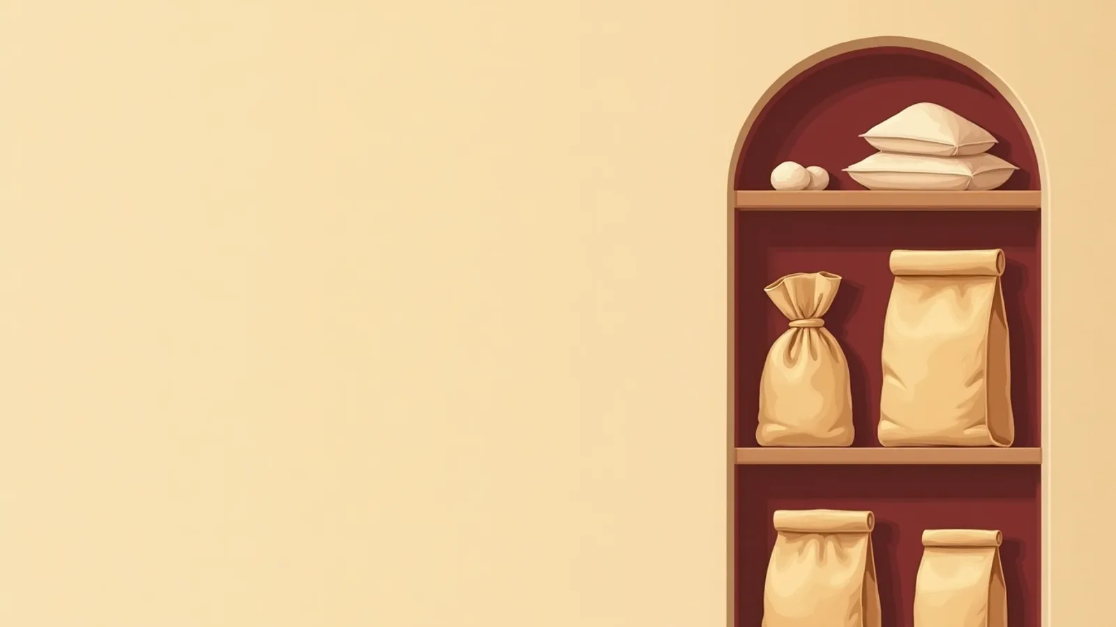 A cutaway of one deep pantry shelf: a lit bag of flour at the front edge and three identical bags hidden in the shadow behind it