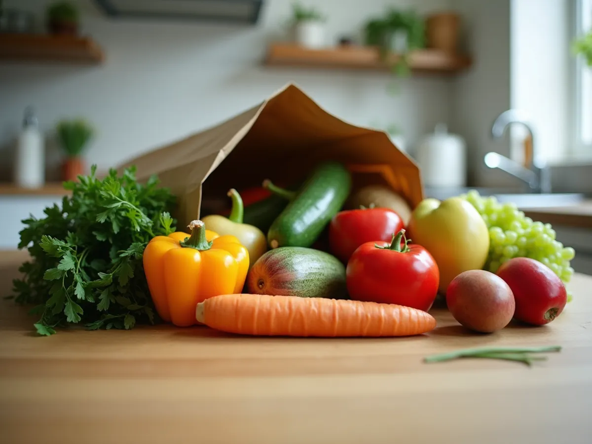 Groceries spread across a kitchen counter, photographed with a phone