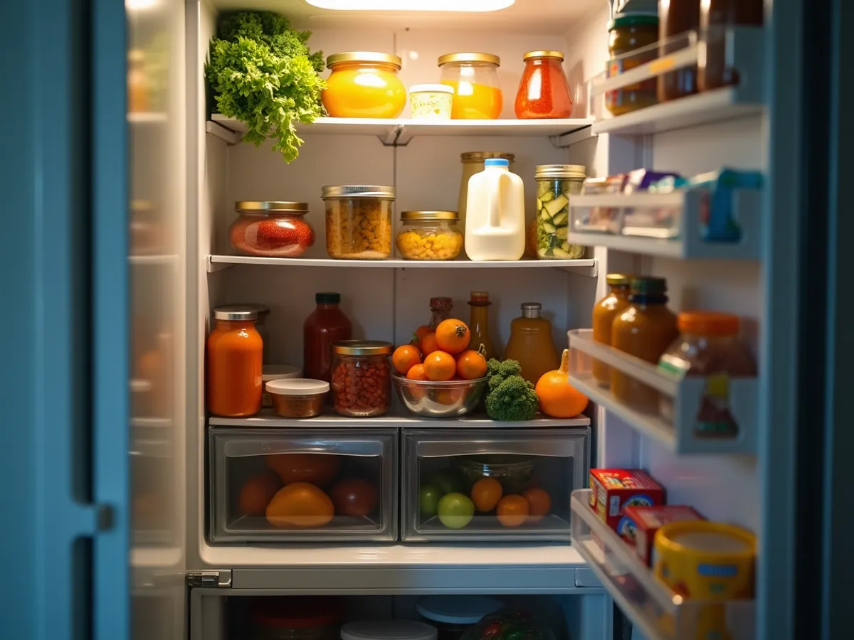 An open fridge full of food, photographed with a phone