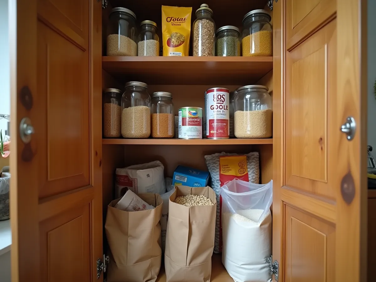 An open cupboard of jars and dry goods, photographed with a phone